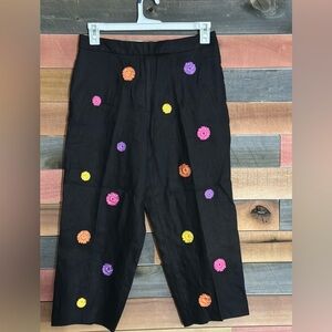 Lily Stanhope black embroidered floral linen capri pants.